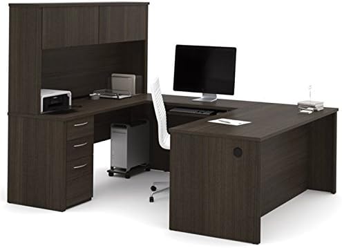 Pemberly Row 71" U Shaped Computer Desk with Hutch in Dark Chocolate