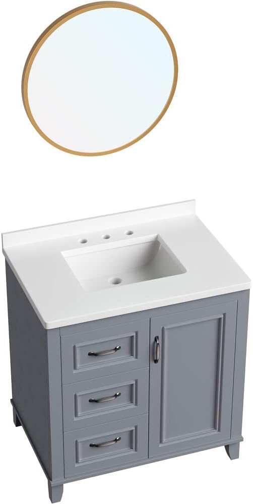 Hanover Ambridge 31'' Vanity Cabinet with Sink Combo for Bathroom, Powder Room | Pre-Assembled Cabinet | 1 Door, 3 Drawers | Artificial Stone Countertop, Gray Cabinet | HANVN0104-31-0GR