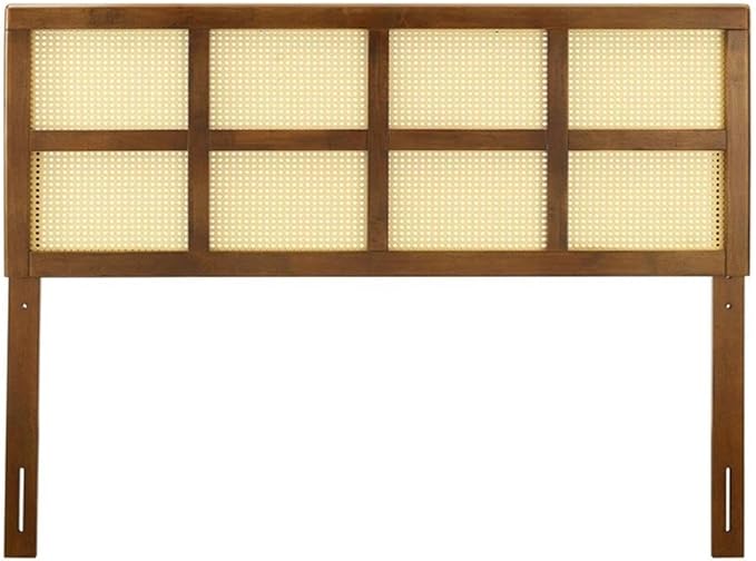 Pemberly Row Cane Rattan and Rubberwood Full Headboard in Walnut