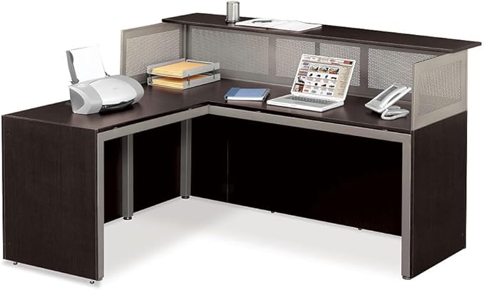 NBF Reversible L-Shaped Executive Office Desk - Durable Laminate Computer Desk with Privacy Hutch - Modern Desk with Storage and File Cabinet - Office Work Desk (Brown) - 65.76"D x 74.25"W x 41.85"H