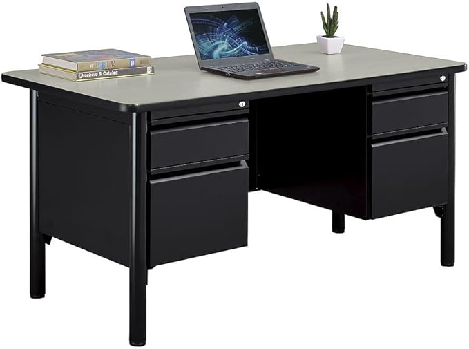 nbf signature series Stahl Double Pedestal Office Desk – Durable Walnut Laminate Computer Desk with 4 Lockable Drawers – Modern Executive Desk with File Cabinet – 60" W x 30" D Office Work Desk