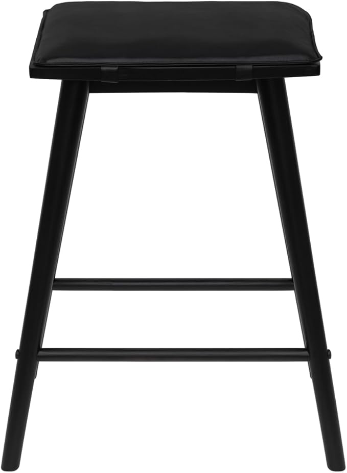 JONATHAN Y CSL2002C Peroni 26" MidCentury Classic Saddle-Seat Solid Wood/Vegan Leather Backless Counter Stool for Home, Kitchen, Workspaces, Cafes and Resturants with Removeable Cushion, Black