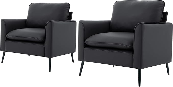 YISHENG Mid-Century Modern Living Room Accent Chairs Set of 2 - Oversized Faux Leather Armchairs with Removable Cushions & Metal Legs, Comfortable Sofas for Office/Lounge/Bedroom/Reception,(Black)