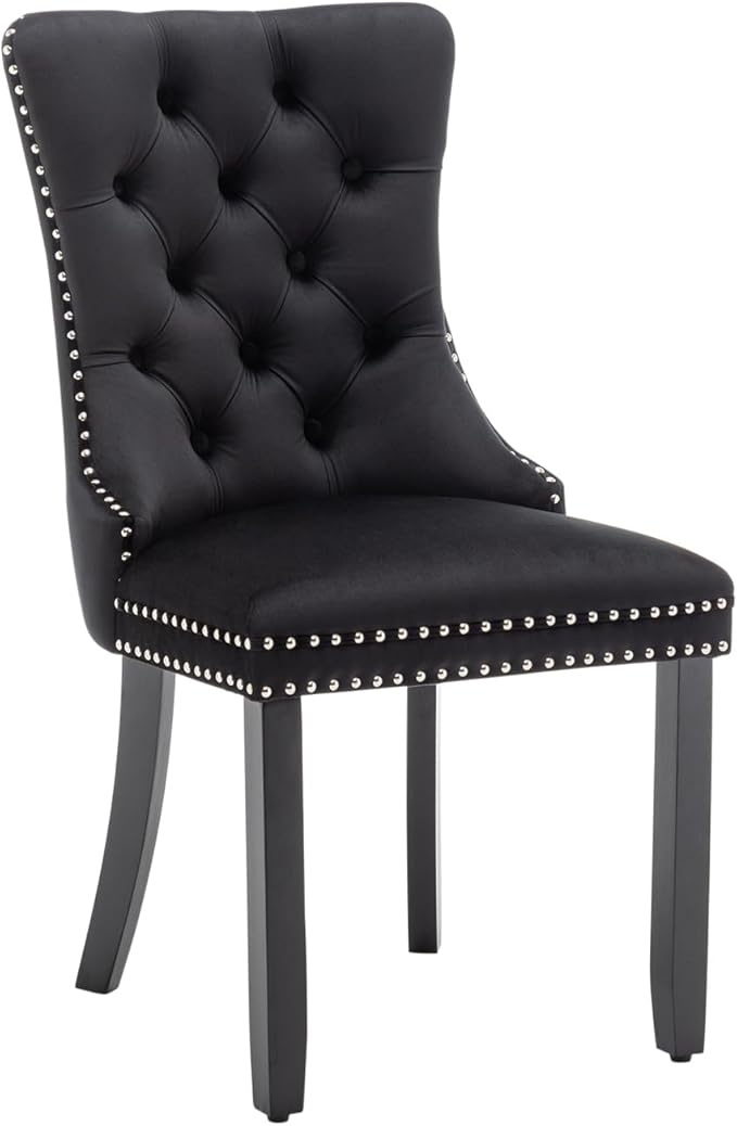 Velvet Dining Chairs Set of 4, Upholstered Dining Room Chairs with Nailhead Ring Pull Trim, Button Tufted Wing Back Chairs for Dining with Solid Wood Legs for Kitchen Dining Room(Black)