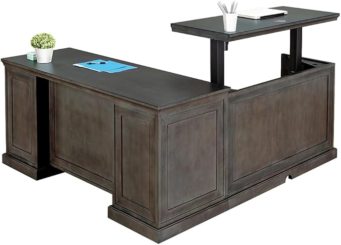 nbf signature series Statesman L Shaped Desk with Left Return 65" W x 72" D Gray Ergonomic Office Desk Adjustable Electric Standing Desk Corner Desk PC Desk Modern Design
