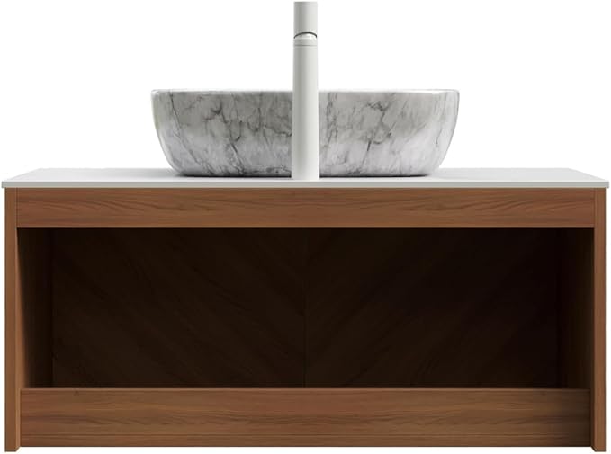 Floating Bathroom Vanity with Sink, 36 Inch Fluted Vanity with Vessel Sink, Modern Bathroom Vanity Cabinet with 2 Doors, Oval Marble Vessel Ceramic Sink & Sintered Stone Top, Oak