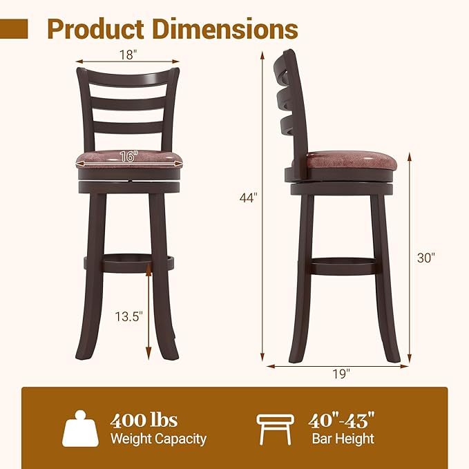 COSTWAY 30” Bar Height Stools Set of 2, Swivel l High-Top Chairs with Backrest & Faux Leather Padded Seat, Rubber Wood Barstools with Footrest for Kitchen, Dining Room, Pub (2,30'')