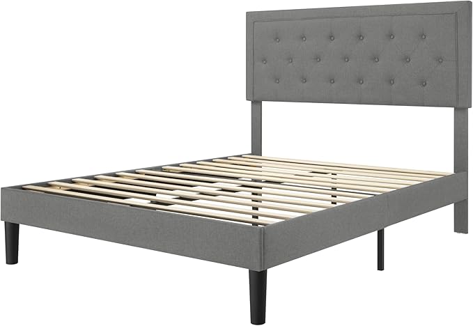 Allewie Queen Size Upholstered Platform Bed Frame with Adjustable Headboard, Button Tufted, Wood Slat Support, Easy Assembly, Light Grey