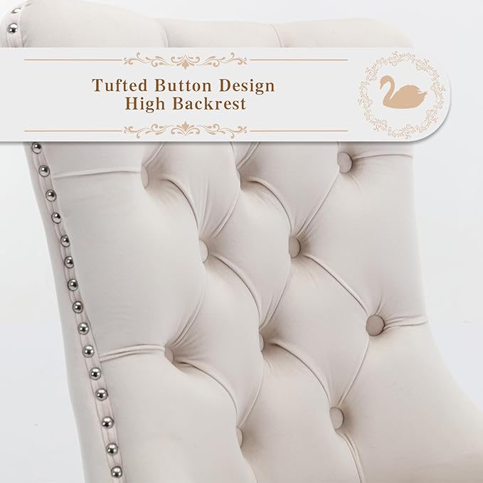 Velvet Upholstered Dining Chairs Set of 4, Modern Style Kitchen Side Chairs with Nailhead Trim and Silver Plated Leg, Metal Pulling Ring for Dining Room Living Room((Creamy White,Set of 4)