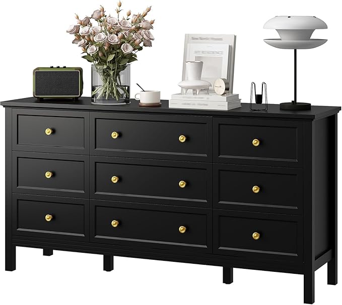 LYNSOM Black Dresser for Bedroom with 9 Drawers, Modern Wide Chest of Storage Drawer with Gold Handles, TV Stand Dresser, Wood Dressers for Bedroom, Living Room, Hallway, Entryway, 59’’