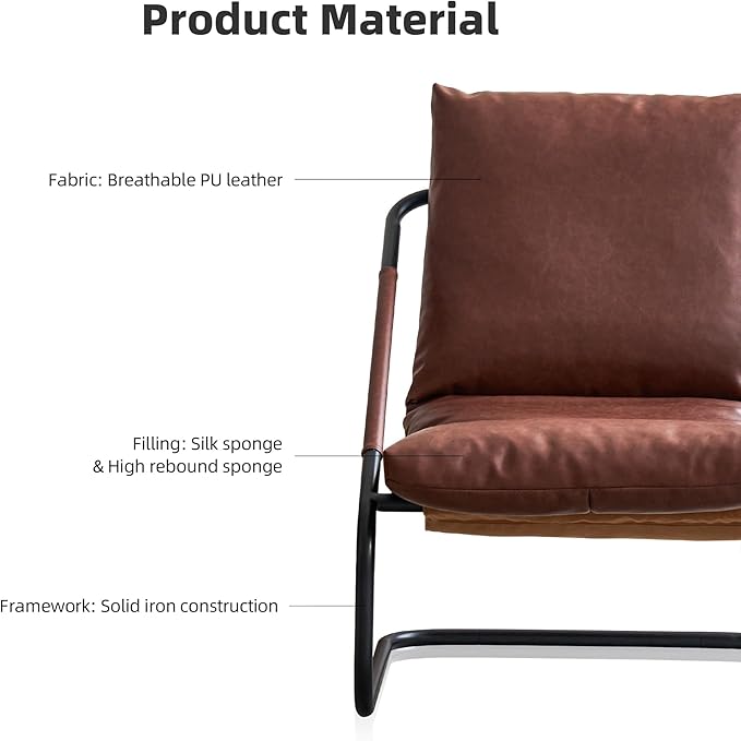 27.56-inch Wide Comfortable Living Room Armchair,Vintage-Style Lounge Chair,with deep Brown Leather Cushion and Metal Frame.