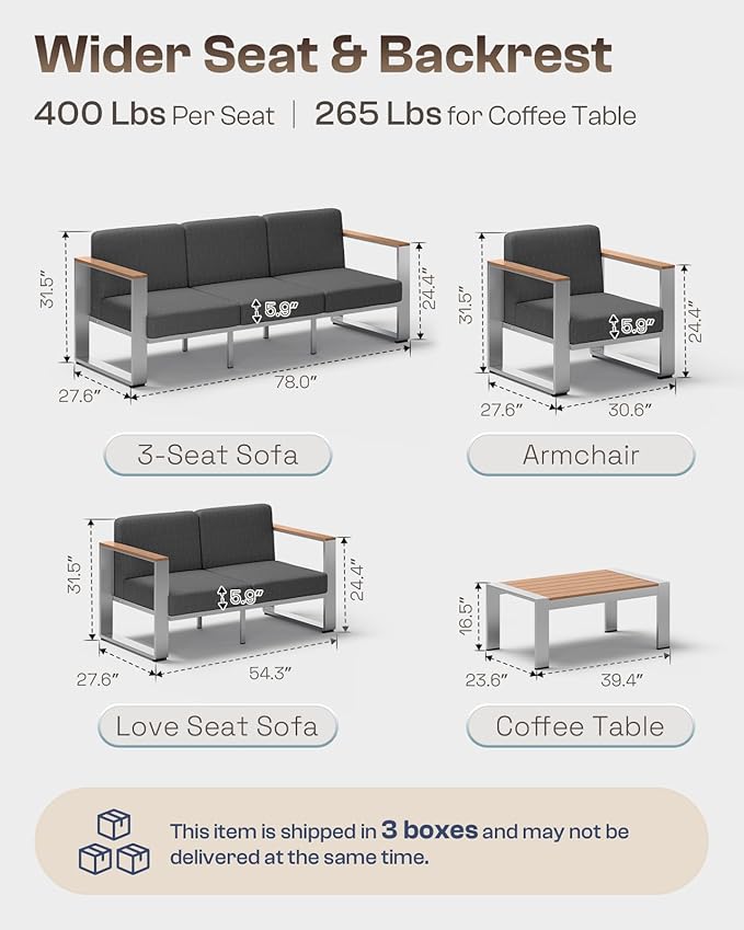 Aluminum Patio Furniture Set, 5 Seats Outdoor Patio Conversation Sets with Ergonomic Seat and Washable Thick Cushions, Modern Outdoor Sectional Furniture for Balcony, Porch (Teak-Charocal)