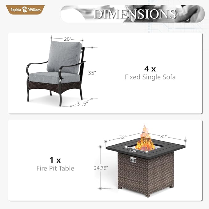 Sophia & William Patio Furniture Set with Fire Pit Table, 5 PCS Metal Outdoor Conversation Set Sofa Couch with Fire Pit Table, 4 Sofa Chairs for Outdoor Seating,Backyard,Porch(Grey)