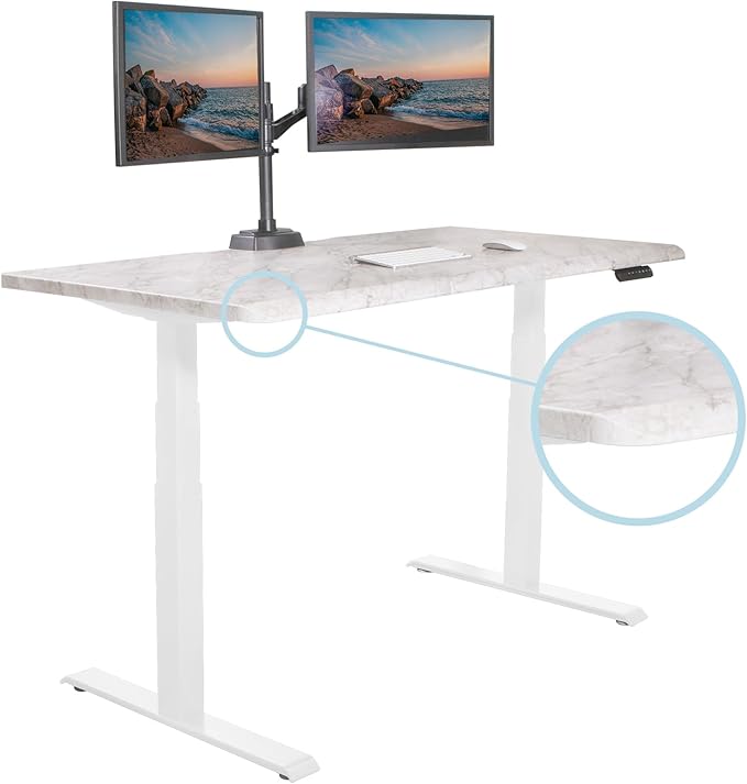 Vari ComfortEdge 60x30 Inch Adjustable Electric Standing Desk – Limited Edition Sit Stand VariDesk with Memory Presets & Sloped Front Edge + Tool-Free Assembly (Marble/White Legs)
