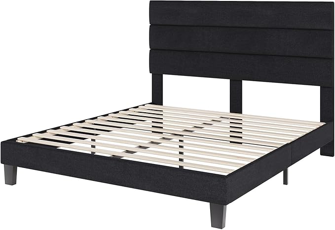 AMERLIFE Queen Size Bed Frame with Linen Upholstered Headboard, Modern Platform Bed with Wooden Slats Support, Noise-Free, No Box Spring Needed, Easy Assembly, Black
