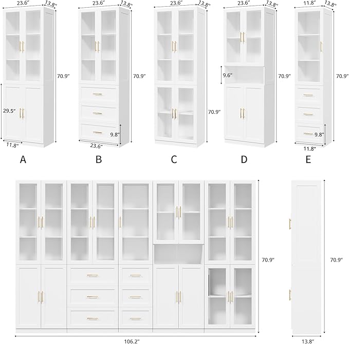 VOWNER Bookcase with Glass Doors & Drawers, 5 Tier Bookshelf with Adjustable Shelf, Modern Large Storage Display Cabinet Set for Home Office, Living Room, White (BDDB)