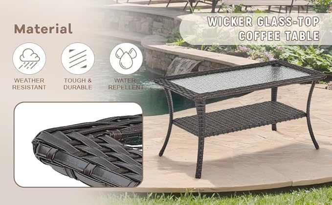 Swivel Patio Chairs sofa Set of 9 with 6" Thick Cushion - Wicker Outdoor Swivel Rocker Patio Chair ,Sofa/Glass coffee table, High Back Comfortable Outdoor Glider Chairs -Brown Wicker | Beige Cushions