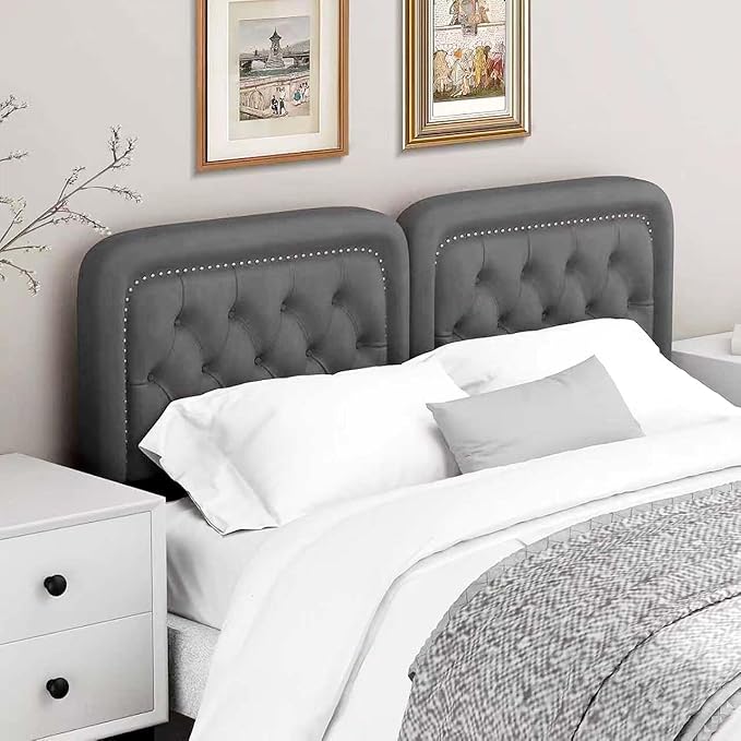 Tufted Upholstered Headboard Queen Size, Button Adjustable Height Queen Head Board Only, Sturdy and Durable Solid Wood with Nailhead Trim Headboards, Ideal for Bedroom, Dorm, Guest Room,Gray
