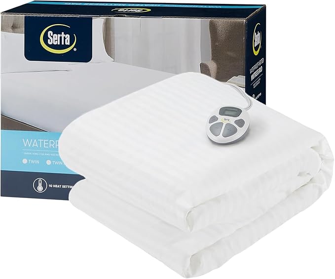 Serta Waterproof Heated Mattress Pad, Electric Bed Warmer with 10 Heat Settings, Auto Shut Off Timer, ETL Certified Electric Mattress Pad, Elastic Deep Pocket, Machine Washable, White Twin XL