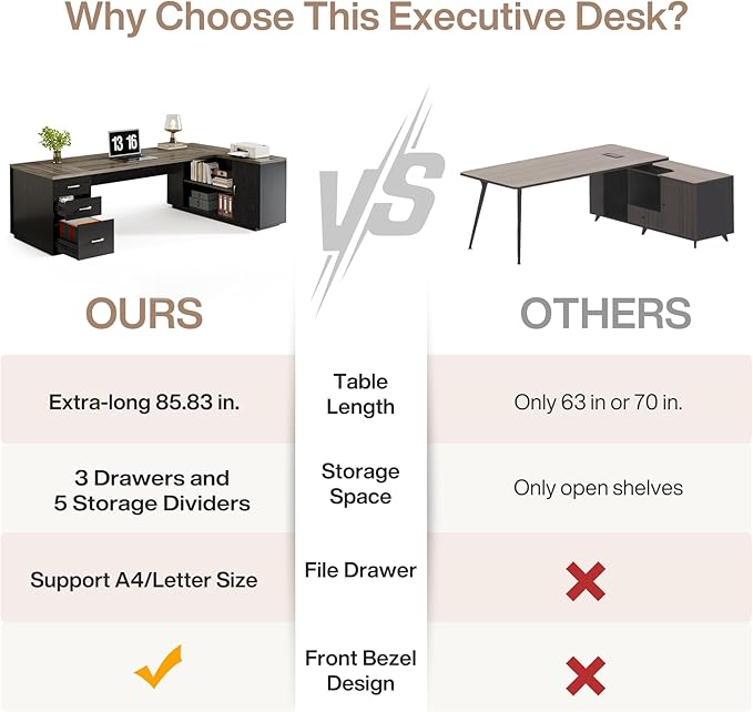 Tribesigns 85.8-Inch L-Shaped Executive Office Desk with File Drawers & Storage Cabinet, Professional Corner Computer Desk Extra Large Business Workstation with Adjustable Shelves (Gray&Black)