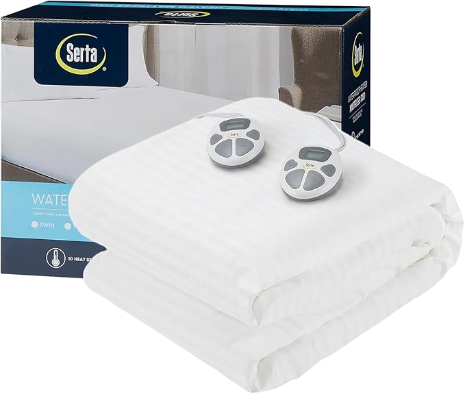 Serta Waterproof Heated Mattress Pad - Electric Bed Warmer with 10 Heat Settings, Auto Shut Off Timer, ETL Certified Electric Mattress Pad, Elastic Deep Pocket, Machine Washable, White Queen