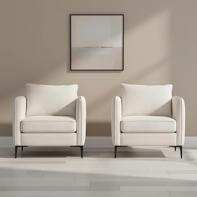 Velvet Accent Chairs Set of 2, Comfy Upholstered Single Sofa Chair Mid-Century Modern Armchair with Thick Cushion and Wood Frame Side Chair for Living Room Bedroom Apartment (Ivory)