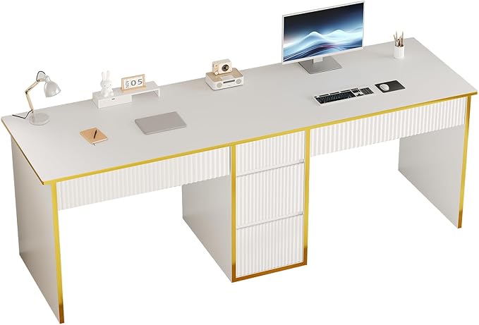 4 EVER WINNER Two Person Desk with Drawers, 78.72 Inch Extra Long Computer Desk with 5 Storage Drawers, Study Writing Desk with Storage Shelves for Home Office, White and Gold Desk