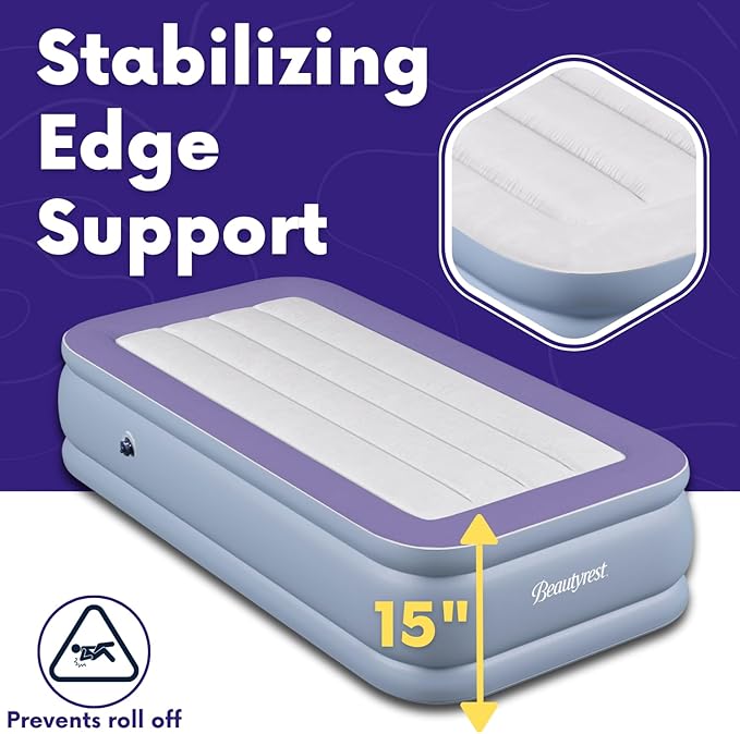 Beautyrest Hi-Loft Twin Size Air Mattress with Vertical Beam Construction, Edge Support, External Pump and Puncture Resistant Vinyl for Guests and Camping (Pack of 2)