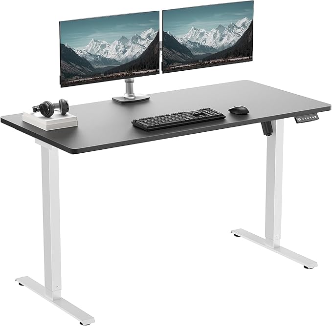 One-Piece Electric Standing Desk, 48 x 24 Inch Adjustable Height Sit to Stand Up Desk for Home Office, Work & Study, Black Frame & Brown Desktop (2 Packages)
