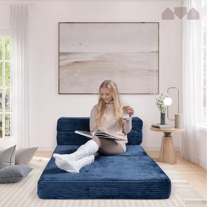 Milliard Tri Folding Sofa Mattress, 2024 Edition, Memory Foam Foldable Mattress with Ultra Soft & Washable Ribbed Fur Cover, Twin Size (Navy)