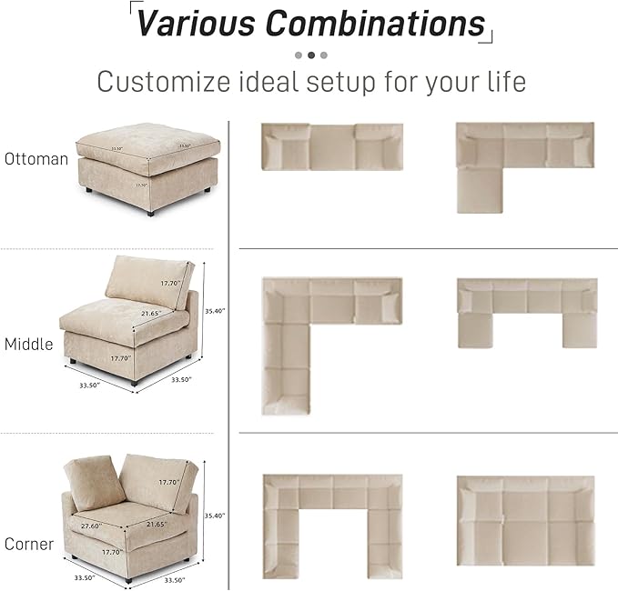 WJShome Cloud Couch Modular Sectional Sofa,100.5" V Shaped Couch, Convertible Wide Seater with Ottoman, 6 Seater for Living Room Set,Covers Washable&Replaceable,Khkai