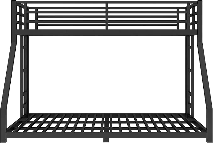 Twin XL Over Queen Bunk Bed Frame with Noise Reduced Design, Heavy Buty Floor Bunk Bed Twin XL Over Queen Bunk Beds with Build in Ladder for Adults, Teens(Black Floor Bunk Bed)