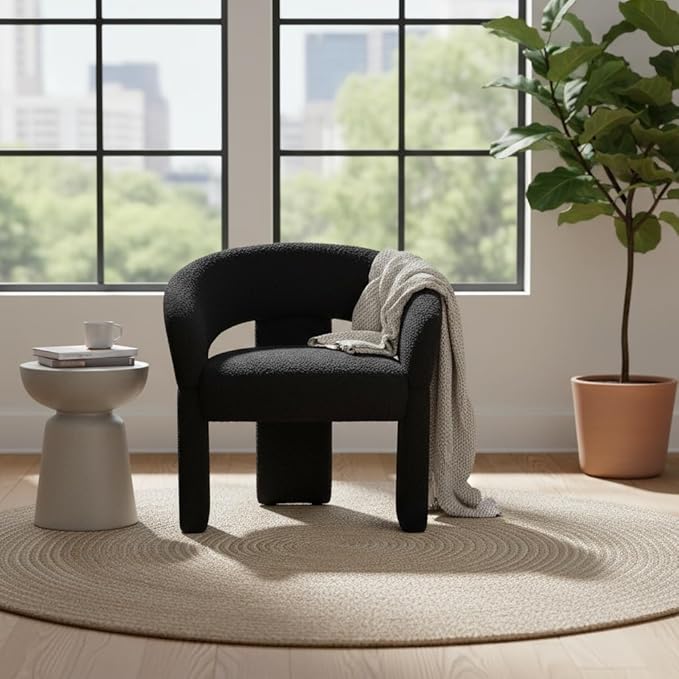 LukeAlon Mid Century Modern Sherpa Accent Chairs Set of 2 – Round Barrel Back Armchairs, Comfy Upholstered Lounge Chairs for Living Room, Bedroom, Office, Waiting Rooms, Black
