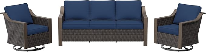 3 Pieces Outdoor Patio Conversation Furniture Set - 75" 3-Seat Sofa | 2 Swivel Glider Rocker Chairs | Wicker End Table, Rattan Couch, Metal armrests, Deck (Navy Blue)