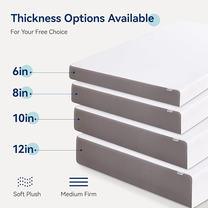 Amazon Basics Memory Foam Mattress, Medium Firm, 12 Inch, King, White/Grey, 80" L x 76" W x 12" Th