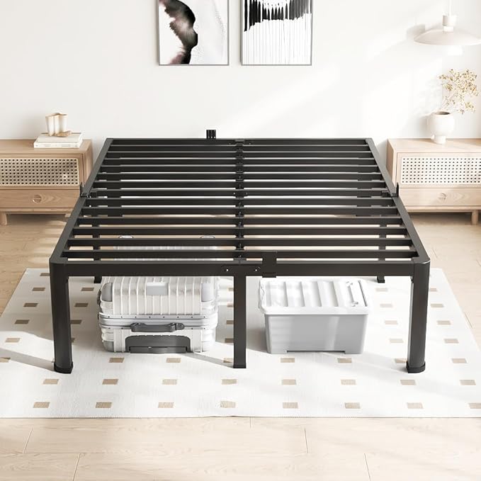 14 Inch Queen Bed Frame, 3500Lbs Heavy Duty Metal Platform with Round Corner Legs Mattress Slide Stopper, Steel Slat Support No Box Spring Needed, Noise Free, Non-Slip, Easy Assembly