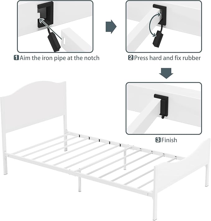Timy Kids Twin Bed Frame with Wooden Headboard and Footboard, Metal Platform Bed Frame for Boys Girls Teens Adults, Modern Kids Furniture, No Box Spring Needed, White