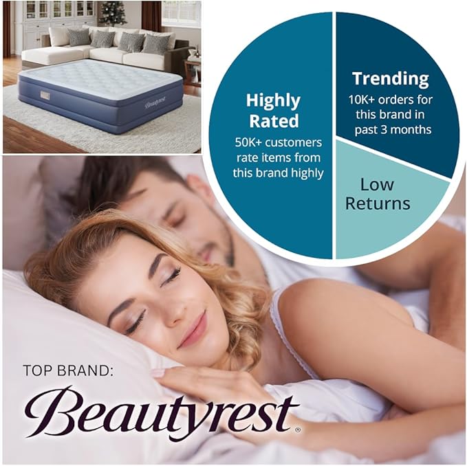 Beautyrest Supreme Air, Queen Size Air Mattress with Built-in Pump, Raised Inflatable Bed for Adults, Puncture-Resistant Vinyl, Auto Shut-Off, 650lb Support, Guest Bed, Camping Airbed, 3-Year Warranty