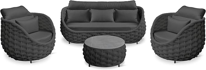 Woven Rope Patio Furniture Set: 4 Pieces Aluminum Outdoor Conversation Sofa Set Assembled - Modern Couch Set Cushioned - All Weather Metal Porch Seating for 5 Person Deck Garden Hotel, Dark Gray