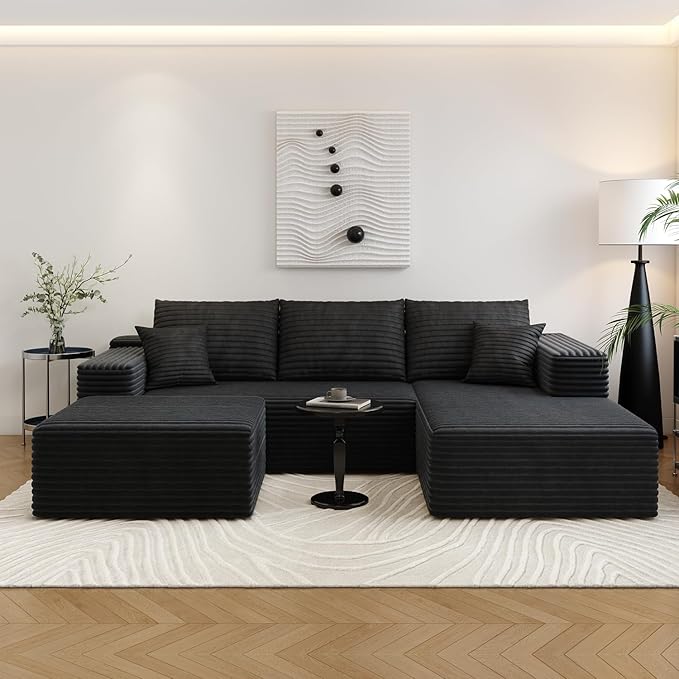 107.5" Cloud Sectional Couch with 1 Ottoman,Modern Modular Sofa with Deep Seat, Comfort U Shaped Sofa Couches for Living Room Bedroom Apartments,No Assembly Required, (Black,Right Facing Chaise)