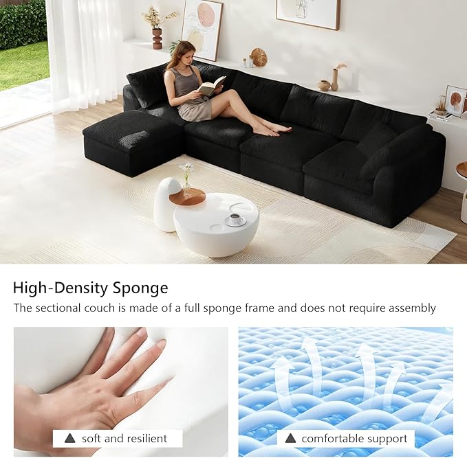 138" Boneless Cloud Couch Modular Sectional Sofa with Deep Seat for Living Room, L Shape Couch with Ottoman, Snowflake Cloth and 40D Memory Sponge,2 Throw Pillows (Black, 4 Seater+1 Ottoman)