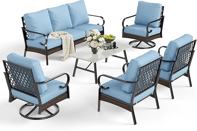6 Piece Metal Outdoor Patio Furniture Set - 1 3-Seater & 2 Fixed & 2 Swivel Sofas with 5.75" Thick Cushion & Coffee Table - Black & Blue Backyard Furniture