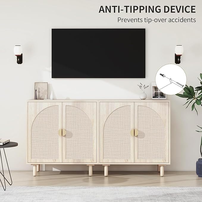 Beige Sideboard Cabinet with 2 Rattan Doors, Rattan Buffet Cabinet with Adjustable Shelves & Pine Legs, Boho Sideboard Buffet for Living Room, Kitchen, Entryway (Beige,2 PCS)