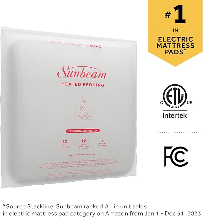 Sunbeam Electric Premium Water Resistant Restful Quilted Heated Mattress Pad, 12 Heat Settings, 12-Hour Selectable Auto Shut-Off, Fast Heating, Cozy Warming Bed, King, 76" x 80"
