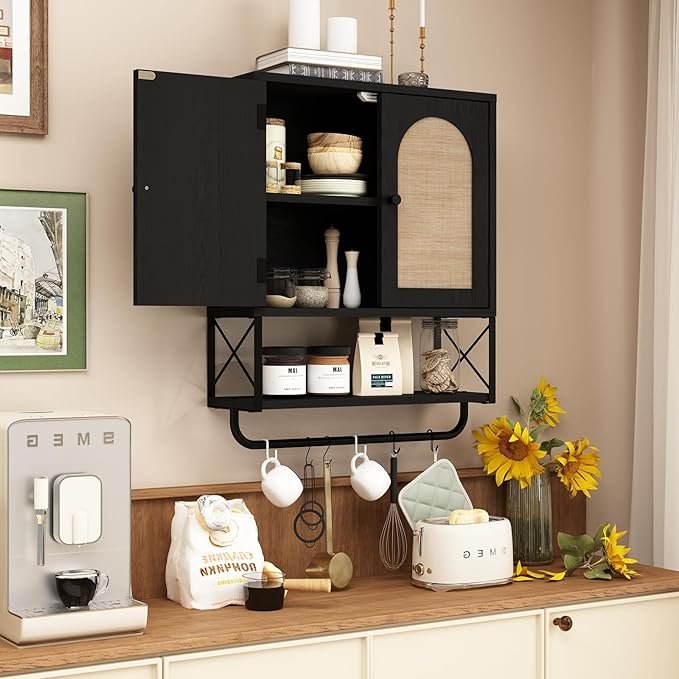 RUSTOWN Rattan Bathroom Wall Cabinet, Boho Over The Toilet Storage Cabinet with Arched Rattan Doors, Modern Medicine Cabinet with Adjustable Shelves & Towel Bar (Black, Medium)