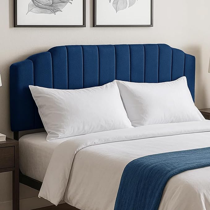 Upholstered Headboard Adjustable Height Queen/King Headboard Cream Velvet Tufted Modern Vertical Channel Design with Stepped Silhouette Top Edge(Blue King)