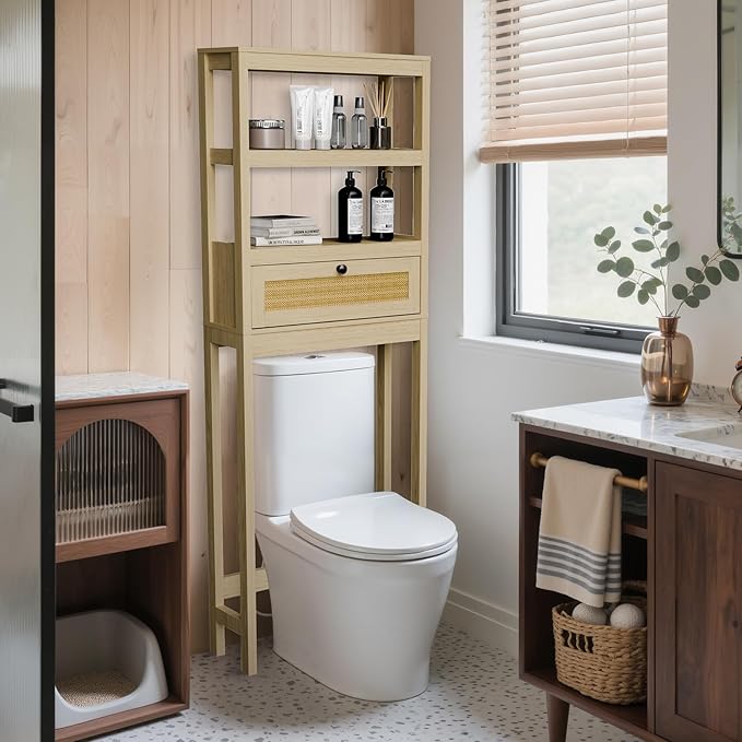 Over The Toilet Storage Cabinet, Behind Toilet Bathroom Organizer with Adjustable Shelves, Above Toilet Organizers with Rattan Door, Space Saver for Restroom, Bathroom, Laundry
