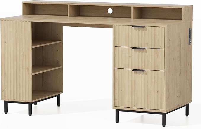 55'' Fluted Executive Desk with Drawers, Modern Home Office Computer Desk with Charging Station, File Drawer, Monitor Stand, Storage Shelf for Work Writing Study, Light Oak