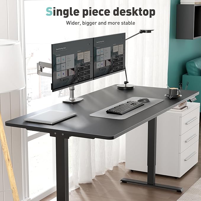 One-Piece Electric Standing Desk, 48 x 24 Inch Adjustable Height Sit to Stand Up Desk for Home Office, Work & Study, Black Frame & Black Desktop (2 Packages)