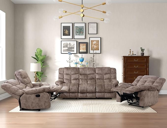 CANMOV Manual Reclining Sofa Set, 3 Pieces Recliner Sofa Set, Manual Recliner Chair, Reclining Loveseat and 3-Seat Sofa for Living Room, 3 Pieces Furniture Set, Light Brown (1+2+3)